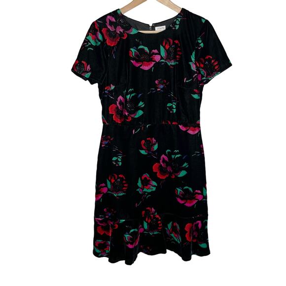J. Crew Womens Short Sleeve Velvet Flutter Dress 4 Black Raspberry Floral Ruffle - Picture 3 of 11